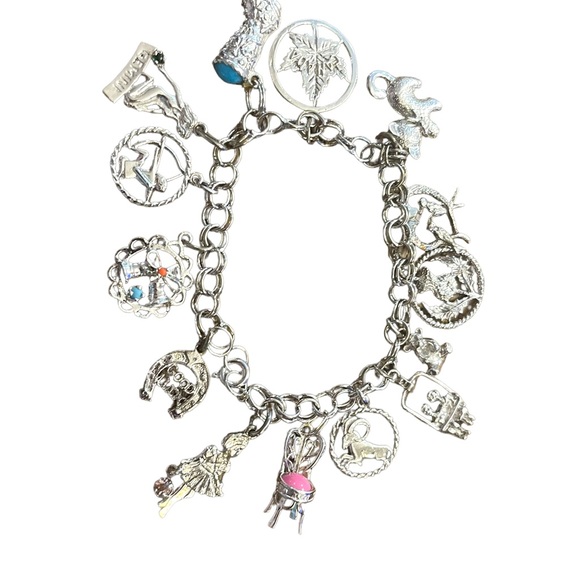 Sterling silver charm bracelet vintage Gemini kitty thistle ram boot good luck - Picture 2 of 9